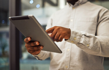 Night office, businessman hands and tablet planning in company for online ideas, strategy and app connection on 5g technology. Closeup employee working in dark modern office for late digital project