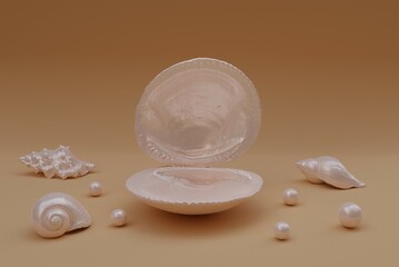 3d illustration, shell-shaped podium, pale pink background, 3d rendering.