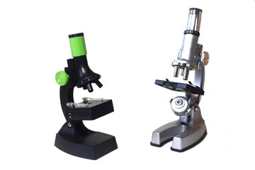 two microscopes isolated on white background. Image contains copy space