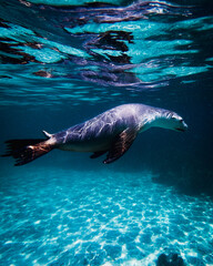 Obraz premium Underwater shot of a seal off the coast of Port Lincoln Australia