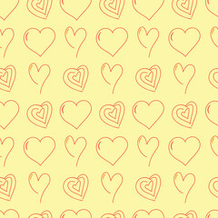 Line red seamless hearts on hand drawn pattern
