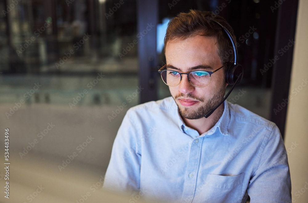 Poster man, work and crm with reflection on glasses in office for telemarketing with computer at business. 