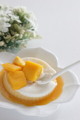 Fototapeta na wymiar Homemade coconut milk and mango bi-color Kanten Jelly for tropical sweet food image 