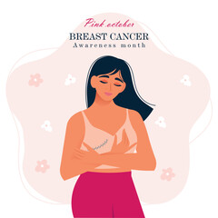 Woman holding her breast. Breast cancer awareness month banner. Vector illustration in flat style