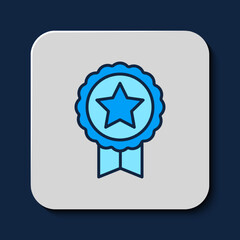 Filled outline Medal with star icon isolated on blue background. Winner achievement sign. Award medal. Vector