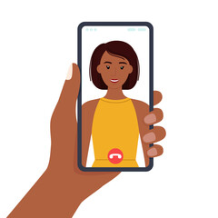 Hand holding phone. Smartphone screen with beautiful girl. Video call, vector illustration