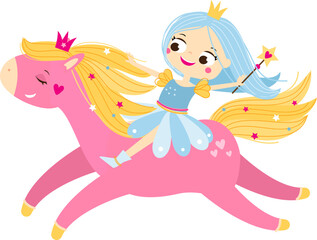 Cartoon princess girl riding on cute pink unicorn vector illustration - 534485055