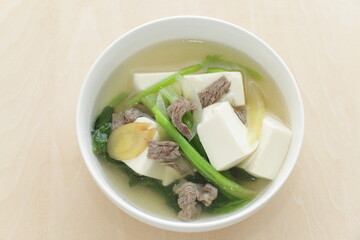 Chinese food, beef and spinach with tofu soup for comfort food image