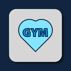 Filled outline Fitness gym heart icon isolated on blue background. I love fitness. Vector