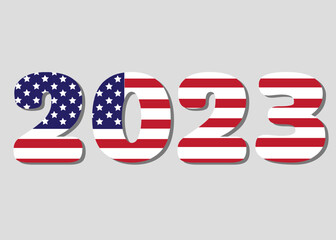 2023 in the form of the American flag. New Year lettering with recognizable elements of the flag.