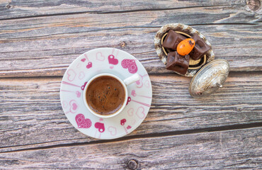 Turkish coffee on wooden background , top view.