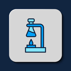 Filled outline Glass test tube flask on fire heater experiment icon isolated on blue background. Laboratory equipment. Vector