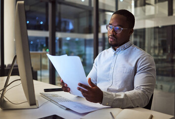 Night worker, black businessman and paperwork planning, reading documents and financial reports at...