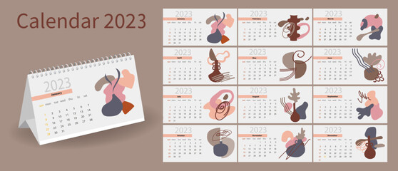 Calendar design for 2023 with abstract vases and spots. Calendar design concept in modern style. Set for 12 months. horizontal arrangement of the desktop calendar.