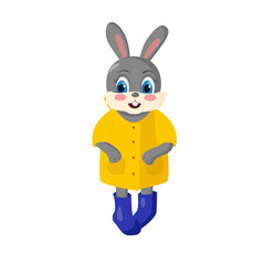 A cute rabbit in a yellow jacket and rubber boots. Illustration concept of autumn plot. Symbol of the new year. Chinese calendar for 2023. Hare 2023 new year