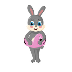 A cute bunny with a pink flamingo rubber ring. Symbol of the new year. Chinese calendar 2022. Character for summer holidays on the beach. Tiger 2022 new year