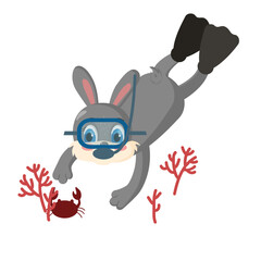 A cute hare in an underwater mask swims in the sea among the Caral reefs. Summer vacation concept illustration. Symbol of the new year. Chinese calendar for 2023. Rabbit 2023 new year