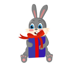 A cute bunny is holding a gift box with a bow. Illustration of the concept of receiving a New Year's gift. Symbol of the new year. Chinese calendar for 2023. Hare 2023 new year
