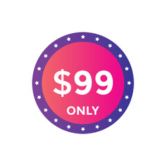 99 dollar price tag. Price $99 USD dollar only Sticker sale promotion Design. shop now button for Business or shopping promotion
