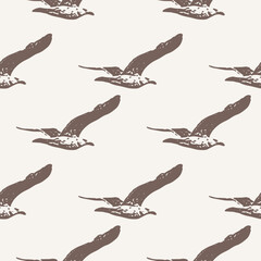 Seamless pattern with cute seagulls. Marine vector. Gull silhouette for sea and fishing industry