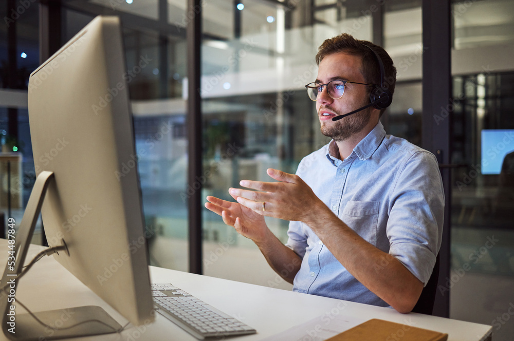 Aufkleber man, work and call center in office for telemarketing with pc on desk give support to client in cana