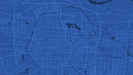 Dark blue Zhengzhou city area vector background map, roads and water illustration. Widescreen proportion, digital flat design.