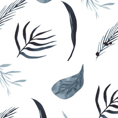 Fototapeta na wymiar Seamless pattern, background, texture print with light watercolor hand drawn blue color dusty leaves, fern greenery forest herbs, plants. Delicate, elegant textile fabric, wrapping paper background 