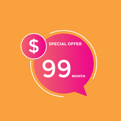 $99 USD Dollar Month sale promotion Banner. Special offer, 99 dollar month price tag, shop now button. Business or shopping promotion marketing concept
