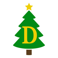 Logo con letra inicial D en silueta de árbol de navidad abstracto con estrella. Icono plano aislado