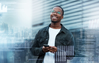 Overlay, phone and black man trading on the stock market happy about his future financial...
