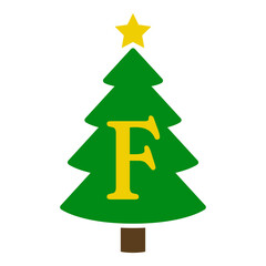 Logo con letra inicial F en silueta de árbol de navidad abstracto con estrella. Icono plano aislado