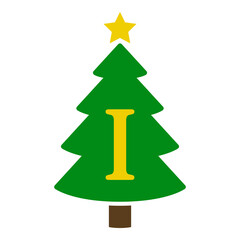 Logo con letra inicial I en silueta de árbol de navidad abstracto con estrella. Icono plano aislado