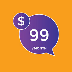 $99 USD Dollar Month sale promotion Banner. Special offer, 99 dollar month price tag, shop now button. Business or shopping promotion marketing concept
