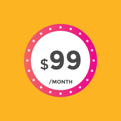 $99 USD Dollar Month sale promotion Banner. Special offer, 99 dollar month price tag, shop now button. Business or shopping promotion marketing concept
