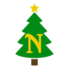 Fototapeta premium Logo con letra inicial N en silueta de árbol de navidad abstracto con estrella. Icono plano aislado