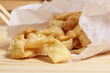 Chinese Food on Wooden Table, Closeup on Fried Noodles