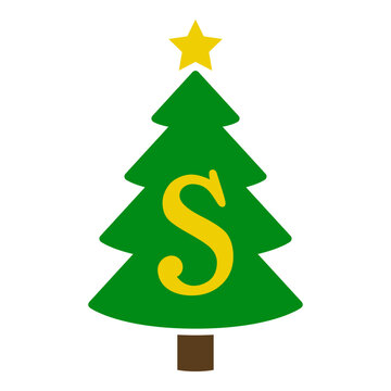 Logo con letra inicial S en silueta de árbol de navidad abstracto con estrella. Icono plano aislado