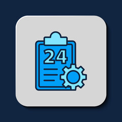 Filled outline Checklist clipboard with 24 hours service icon isolated on blue background. Vector