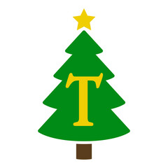 Logo con letra inicial T en silueta de árbol de navidad abstracto con estrella. Icono plano aislado