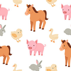 Cute cartoon rabbit, pig and horse. Vector flat cartoon seamless pattern on white background. Farm animals