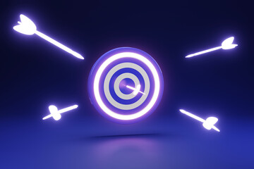 Glow arrows aims a dartboard close up with blue arrow business target success concept on dark background. Realistic 3D illustration financial symbol concept