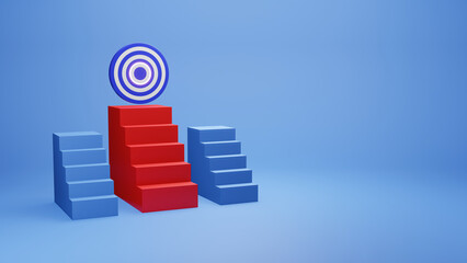 Business target success concept dartboard on top of red stair with blue stair beside background. Realistic 3D illustration financial symbol concept