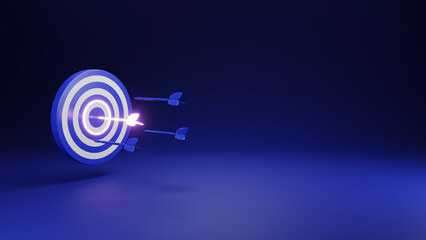 Glow arrows aims a dartboard with blue arrow business target success concept on dark background. Realistic 3D illustration financial symbol concept