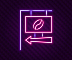 Glowing neon line Street signboard coffee icon isolated on black background. Colorful outline concept. Vector