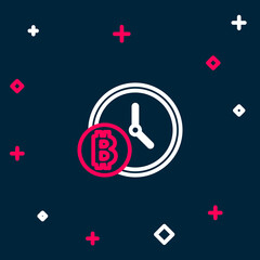 Line Cryptocurrency coin Bitcoin with clock icon isolated on blue background. Physical bit coin. Blockchain based secure crypto currency. Colorful outline concept. Vector