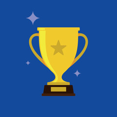 Victory golden trophy icon. Sparkling gold cup with star on blue background in flat style.