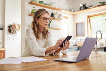Woman, laptop or fintech phone app in house or home kitchen for finance budget, investment...