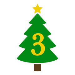 Logo con número 3 en silueta de árbol de navidad abstracto con estrella. Icono plano aislado