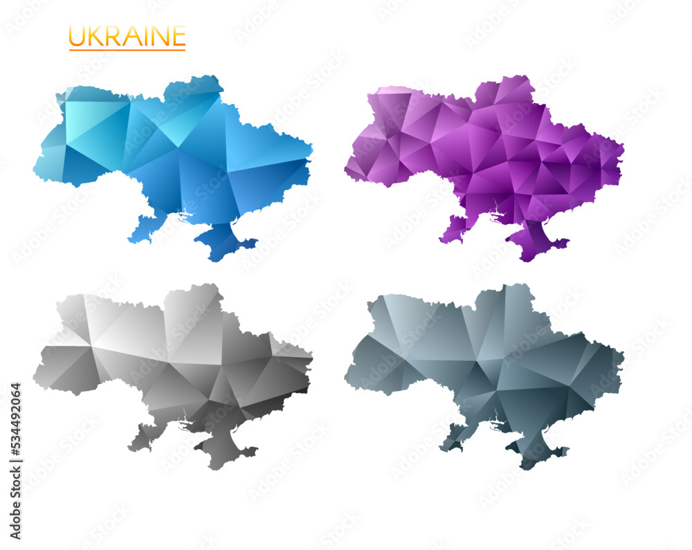 Poster set of vector polygonal maps of ukraine. bright gradient map of country in low poly style. multicolo