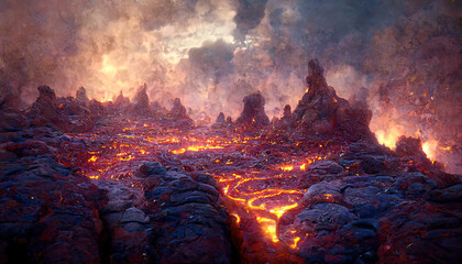 Lava was in the cracks of the earth to view the texture of the glow of volcanic magma in the cracks
